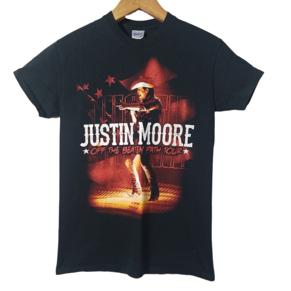Justin Moore Off the Beaten Path Concert tour Black T shirt Gildan Small 2 sided
